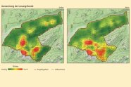 Auf einer topografischen Karte sind die Dichten für das Gamswild basierend auf den SECR-Analysen getrennt nach Geschlechtern dargestellt. Die Dichteverteilung zeigt in rot hohe Dichten und in grün niedrigere Dichten. Die Verteilung der Böcke ist laut der Karte großräumiger als die Verteilung der Geißen