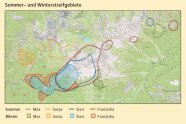 Topografische Karte, auf der mit Farben die Streifgebiete vierer Gämse eingezeichnet sind