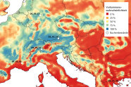 Karte von Europa; Zentraleuropa ist dabei blau eingefärbt, Süd- und Osteuropa eher rot