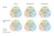 Kreisdiagramme die die Anzahl verschiedener Pilze in Beständen aufzeigen