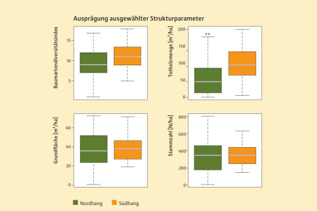 Forstliche Kennzahlen werden im Zusammenhang mit Nord- und Südhang verglichen