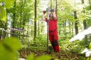 Ein LWF-Mitarbeiter treibt mit einem Stemmhammer eine Rammsonde tief in den Boden.