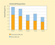 Balkendiagramm: Vergleich der Stickstoffkonzentrationen an fünf verschiedenen Messstellen. Bei der Stickstoffmenssung wurde zwischen den Einträgen durch Ammonium und Nitrat unterschieden. Ammonium bildet dabei in allen Messungen den größeren Anteil. Die Stickstoffwerte variiern zwischen 15 und 8,5 kg/ha*a.