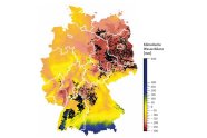 Karte von Deutschland in bunten Farben, im Süden blau, mittig gelb, Osten und Norden eher rot