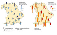 Die Niederschlags- und Temperaturkarte Bayerns für den Winter 2008/2009 zeigt, dass der Januar niederschlagsarm, dafür aber -1,8°C kälter war als im Mittel von 1961 bis 1990. 