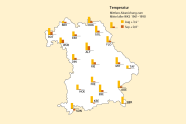 Grafische Darstellung von Bayern mit der absoluten Abweichung der Lufttemperatur vom langjährigen Mittel 1961–1990