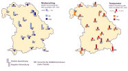 Die Niederschlags- und Temperaturkarten zeigen fast bayernweit überdurchschnittlich viel Regen und unterdurchschnittlich niedrige Temperaturen im Juli. Der August war dagegen niederschlagsarm und heiß.