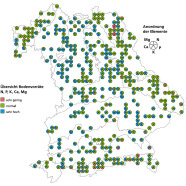 Bayernkarte mit den Grenzen der forstlichen Wuchsgebiete und den BZE II Punkten. Die Punkte sind kleine Tortendiagramme mit 5 gleichgroßen Sektoren. Die Sektoren zeigen die Vorräte der 5 Elemente im Uhrzeigersinn von N, P, K, Ca bis Mg. Die Vorräte sind durch Farben in 3 Vorratsklassen unterteilt von sehr gering zu normal bis sehr hoch.