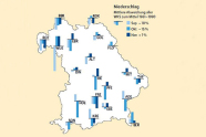 Bayernkarte mit  Angabe der prozentualen Abweichung des Niederschlags vom langjährigen Mittel 1961–1990 an den Waldklimastationen