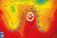 Wetterkarte von Europa; südliches und mittleres Europa in Dunkelrot, kontinentales Europa orange, nördliches Europa gelb dargestellt