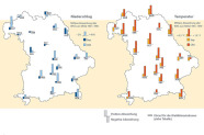 Landkarte von Bayern: Im September gab es an der Mehrzahl der Waldklimastationen beim Niederschlag eine negative Abweichung von durchscnittlich -2 Prozent vom langlährigen Mittel. Im Oktober hingegen war die Abweichung mit durchscnittlich 45 Prozent stark positiv. Landkarte von Bayern: Im September gab es bei der Temperatur an den meisten Waldklimastationen positive Abweichungen von durchschnittlich 0,5 Grad Celsius. Im Oktober war die Abweichung noch stärker positiv mit durchschnittlich 1,9 Grad Celsius.