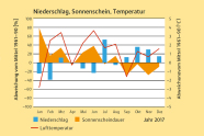 Diagramm zeigt die Wetterabweichungen (Temperaut, Niederschlag, Sonnenscheindauer) 