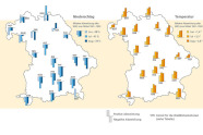 Landkarte von Bayern: In den Monaten Juni, Juli und August bis Mai gab es an so gut wie allen Waldklimastationen eine negative Abweichung des Niederschlags vom Mittel. Im Juni lag diese bei -28%, im Juli bei -41% und im August bei -39%. Landkarte von Bayern: In den Monaten Juni bis August gab es an allen Waldklimstationen eine positive Abweichung vom Mittel. Im Juni lag dieses duchschnittlich bei 1,4°C, im Juli bei 3,5°C und im August bei 3,8°C.