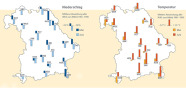 Zwei Umrisskarten von Bayern. Links: Die mittlere Niederschlags-Abweichung aller Waldklimastationen zum Mittel 1961 bis 1990 lag im Mai bei plus 32 Prozent und im Juni bei minus 58 Prozent. Rechts: Die mittlere Temperatur-Abweichung aller Waldklimastationen zum Mittel 1961 bis 1990 lag im Mai bei plus 0,1 Grad Celsius und im April bei plus 1,5 Grad Celsius. Alle Waldklimastationen hatten in beiden Monaten positive Abweichungen.