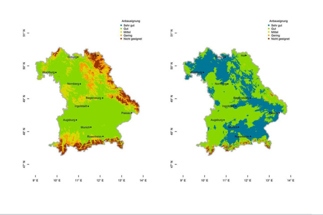 Flächige Darstellung der Anbaueignung für die Baumart Schwarzkiefer in Bayern in fünf Stufen von rot (nicht geeignet) bis blaugrün (sehr gut). In der Gegenwart ist Bayern überwiegend grün (gut geeignet), die kühleren Mittelgebirge und Alpen sind gering bis nicht geeignet (orange und rot). In der Zukunft sind nur noch wenige Hochlagen nicht geeignet, Bayern ist überwiegend grün und blaugrün gefärbt.