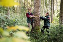 Zwei Frauen stehen an einem Baum und führen Messungen durch und schreiben die Ergebnisse auf.