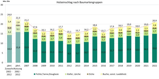 Säulendiagramm zeigt Holzeinschlag in Bayern von 2007 bis 2022.