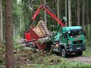 Hacken von Waldrestholz auf festem Abfuhrweg in hinter dem Lkw bereitstehenden Container durch Lkw mit aufgebautem Hacker 