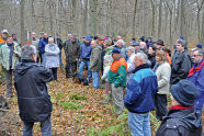 Gruppe Menschen im Halbkreis um einen Mann herum im Wald