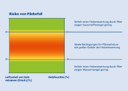 Das Risiko von Pilzbefall bedingt durch die prozentualen Anteile von  Luft am Holzvolumen und Holzfeuchte dargestellt durch verschiedene farbliche Ausprägungen von grün bis rot. Bei einem Luftanteil am Holzvolumen von unter 30 Prozent und einer Holzfeuchte von über 120 Prozent ist die Gefahr einer Holzentwertung durch Pilze wegen Sauerstoffmangel gering. Bei einem Luftanteil von über 70 Prozent und einer Holzfeuchte von unter 20 Prozent ist die Gefahr einer Holzentwertung durch Pilze wegen Wassermangel gering. Ein Luftanteil zwischen 30 und 70 Prozent und eine Holzfeuchte zwischen 20 und 120 Prozent bietet ideale Bedingungen für Pilzwachstum mit großer Gefahr der Holzentwertung.