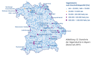 Die Grafik zeigt eine Landkarte von Bayern. Darauf markiert sind Betriebe der Sägeindustrie mit jeweiliger Einschnittskapazität (Fm). 