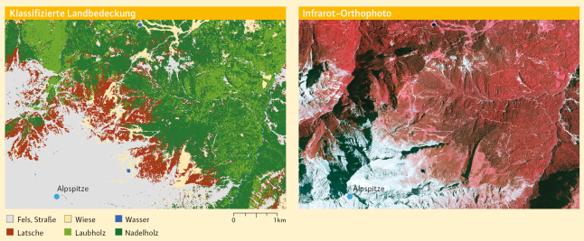 Zwei Karten, die die Klassifizierte Landbedeckung und ein Infrarot-Ortophoto zeigen.