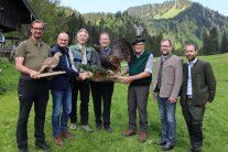 Sieben Männer mit halten Auerhuhn-Exponate vor einer Bergkulisse hoch