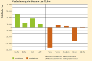 Zunahme der Fläche bei Buche, Eiche und anderen Laubhölzern sowie Tanne, Douglasie und Lärche, Abnahme bei Fichte und Kiefer