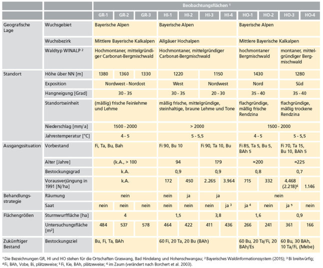 Tabelle zur Beschreibung der Versuchsflächen; weitere Informationen siehe Text