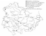 Eine Umrisskarte von Thüringen mit Städten, Flüssen sowie sechs Markierungen.