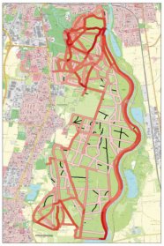 Karte des Stadwalds Augsburg mit dunkelrot, rot und rosa sowie schwarz markierten Wegen; Farbe bedeutet Nutzungsintensität