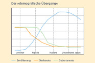 Kurvendiagramm:  Bevölkerung: Die Bevölkerung ist bei den Urvölkern sehr gering, in Nigeria etwas größer, in Thailand kurz vor dem Gipfelpunkt, kurz danach Deutschland und Japan. Sterberate: Die Sterberate ist bei den Urvölkern hoch, in Nigeria bereits wesentlich niedriger, am tiefsten Punkt gleichermaßen in Thailand, Deutschland und Japan. Geburtenrate: Die Geburtenrate ist bei den Urvölkern genauso hoch wie die Sterberate, in Nigeria ist sie niedriger, etwa doppelt so groß wie die Sterberate. In Thailand ist sie etwas höher als die Sterberate des Landes. Die Geburtenrate in Deutschland und Japan ist niedriger als die dortige Sterberate.