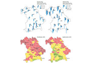 Vier Karten von Bayern; oberen beiden mit blauen Balken, die unten mit farbig markierten Gebieten (rot, gelb, grün)