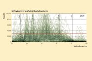 Grafik die mit Hilfe von Linien das Schwärmverhalten des Buchdruckers in den vergangenen Kalederwochen zeigt