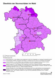 Übersichtskarte der Sturmschäden in Bayern, Schwerpunkt in Nordbayern deutlich