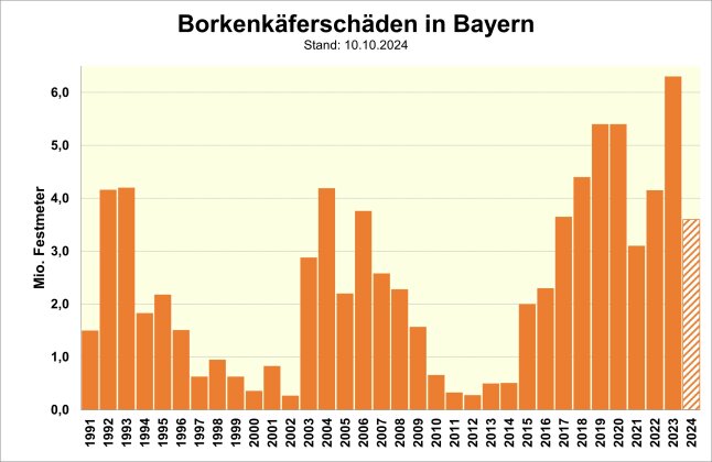 Grafik zeigt die 2024 gemeldeten Schadholzmengen bis zum 3. Quartal