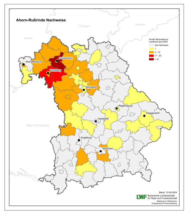 Bayernkarte mit eingefärbten Landkreisen vor allem in Unterfranken.