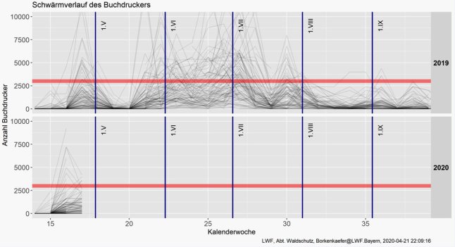 Zwei untereinander stehende Liniendiagramme für 2019 und 2020 mit Kurven. Zwei rote waagerechte Linien geben eine kritische Schwelle an.