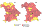 Karte von Bayern; Markierungen in rot-schraffiert für Gefährdungsstufe mit akutem Befall, in rot für Gefährdungstufe, gelb für Warnstufe, grün für keine Warnstufe; 2017 in Norden noch vereinzelte gelbe Gebiete, Mitte Bayerns rot-schraffiert; 2018 ganz Bayern bis auf Ausnahmen im Süden rot oder rot-schraffiert