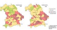 Zwei landkarten von Bayern, in denen das Risiko eines Befalls durch Kupferstecher gezeigt wird. Bssonders gefährdet sind Niederbayern, München, der bayerische Wald und das Allgäu.