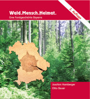 Buchcover mit Fichtenbestand und Bayernakrte aus einer Holzscheibe darauf