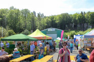 Bierbänke und Pavillons sind auf einem Parkplatz mit Waöd im Hintergrund aufgebaut, Menschen sind auf der Fläche, die Sonne scheint