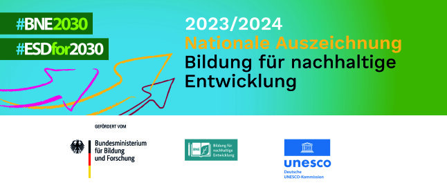 Logos der an der Auszeichnung beteiligten Akteure: Bundesministerium für Bildung und Forschung, UNESCO, BNE