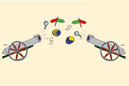 Zeichnung von zwei gegenüberstehenden Kanonen aus denen Wegweiser, Paragrafen, Tortendiagramme und Lupen geschossen werden.