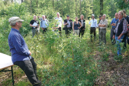 Eine Gruppe Menschen steht im Wald und guckt auf den Boden
