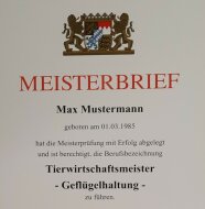 Meisterbrief Tierwirtschaftsmeister, Fachrichtung Geflügelhaltung (mit Bayerischem Staatswappen)