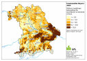Erosionskarte Bayern: Bodenabtrag je Gemarkungen von gelb unter 3,0 bis tiefbraun über 10,0  in Tonnen je Hektar und Jahr