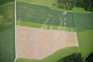 auf dem Foto sind großflächige Erosionsspuren nach Starkregen auf einem Maisfeld mit Bodenaustrag in die benachbarten Grünland- und Getreideflächen zu sehen