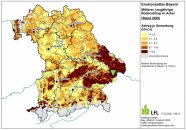 Erosionskarte Bayern: Abtrag je Gemarkungen von gelb unter 3,0 bis tiefbraun über 10,0 t/ha*a 