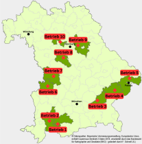 Bayernkarte, in der 10 Punkte verteilt sind und die ungefähre Lage der Betriebe angeben